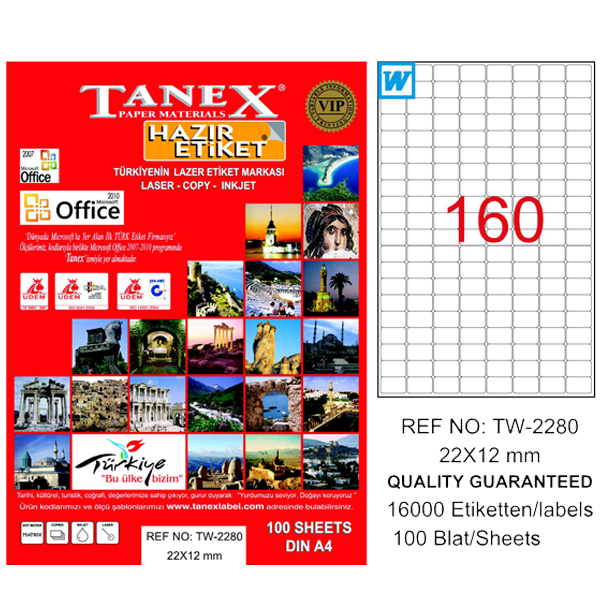 Tanex Laser Etiket 100 YP 22x12 Laser-Copy-Inkjet TW-2280